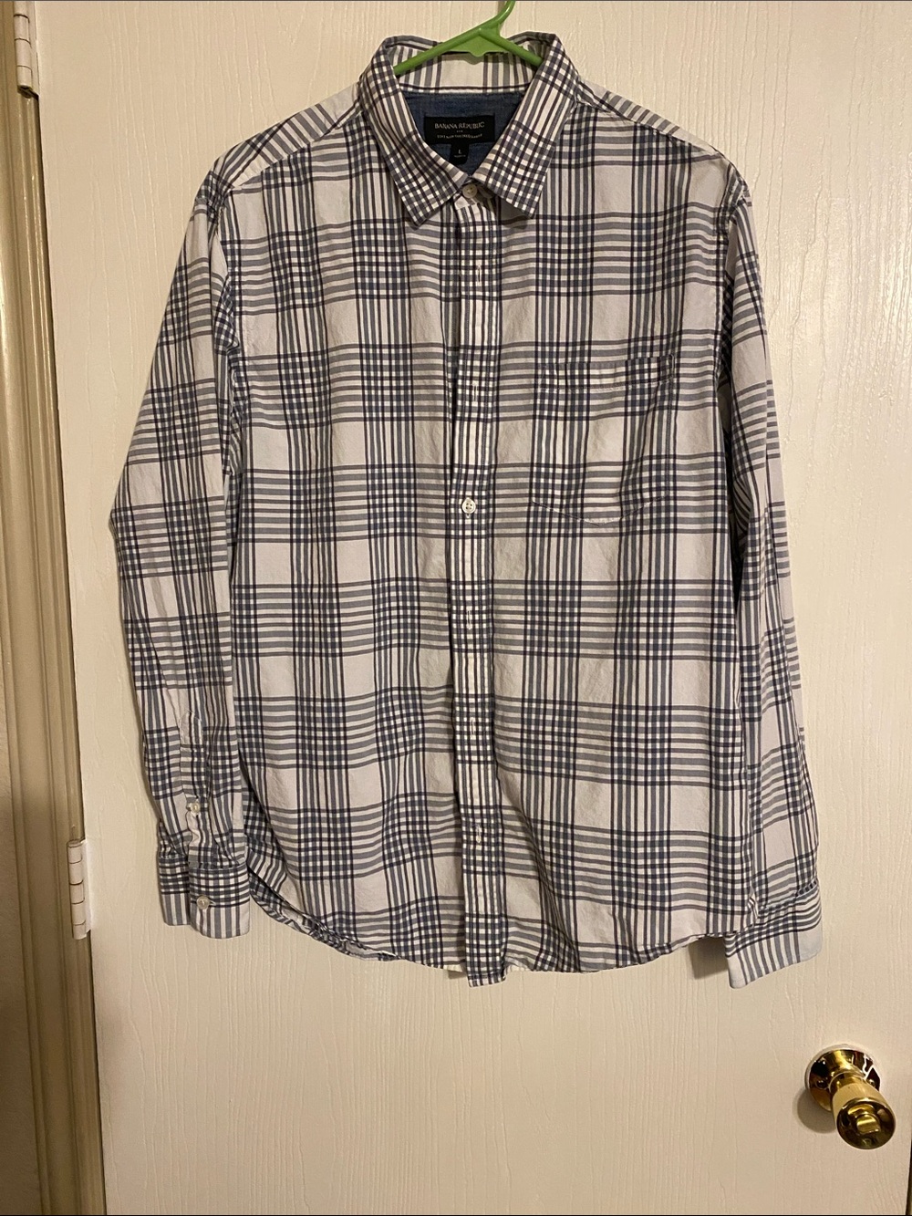 Banana Republic White and Navy Plaid Long-Sleeve Button-Down Shirt